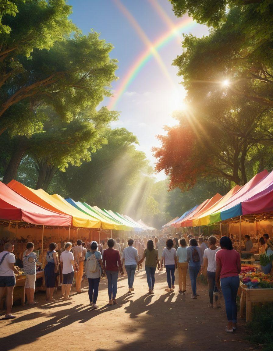 A vibrant community gathering in a lush, green park, showcasing people of different ethnicities holding hands under a rainbow banner that symbolizes love and diversity. In the background, eco-friendly stalls promote sustainable products, while trees flourish, representing nature's vitality. Sunlight filters through the leaves, creating a warm and inviting atmosphere. The scene is lively and full of joy, capturing the essence of connection and community. super-realistic. vibrant colors. 3D.