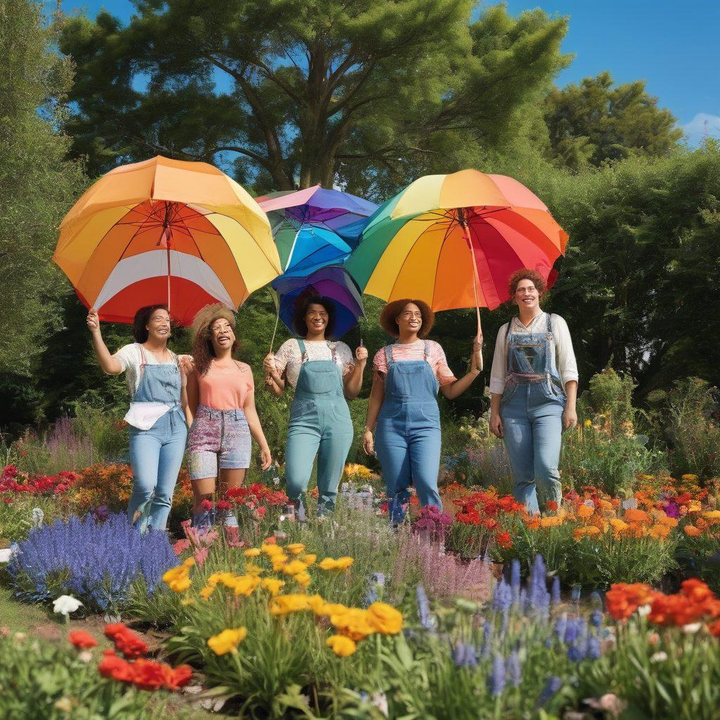 A diverse group of LGBTQ+ individuals planting a colorful garden filled with flowers and plants, symbolizing love and unity. Each person is wearing eco-friendly clothing, showcasing vibrant patterns and natural materials. In the background, a serene landscape with trees and a rainbow flag waving gently in the breeze, set against a bright blue sky. The scene exudes warmth, joy, and sustainability. super-realistic. vibrant colors. nature-inspired.