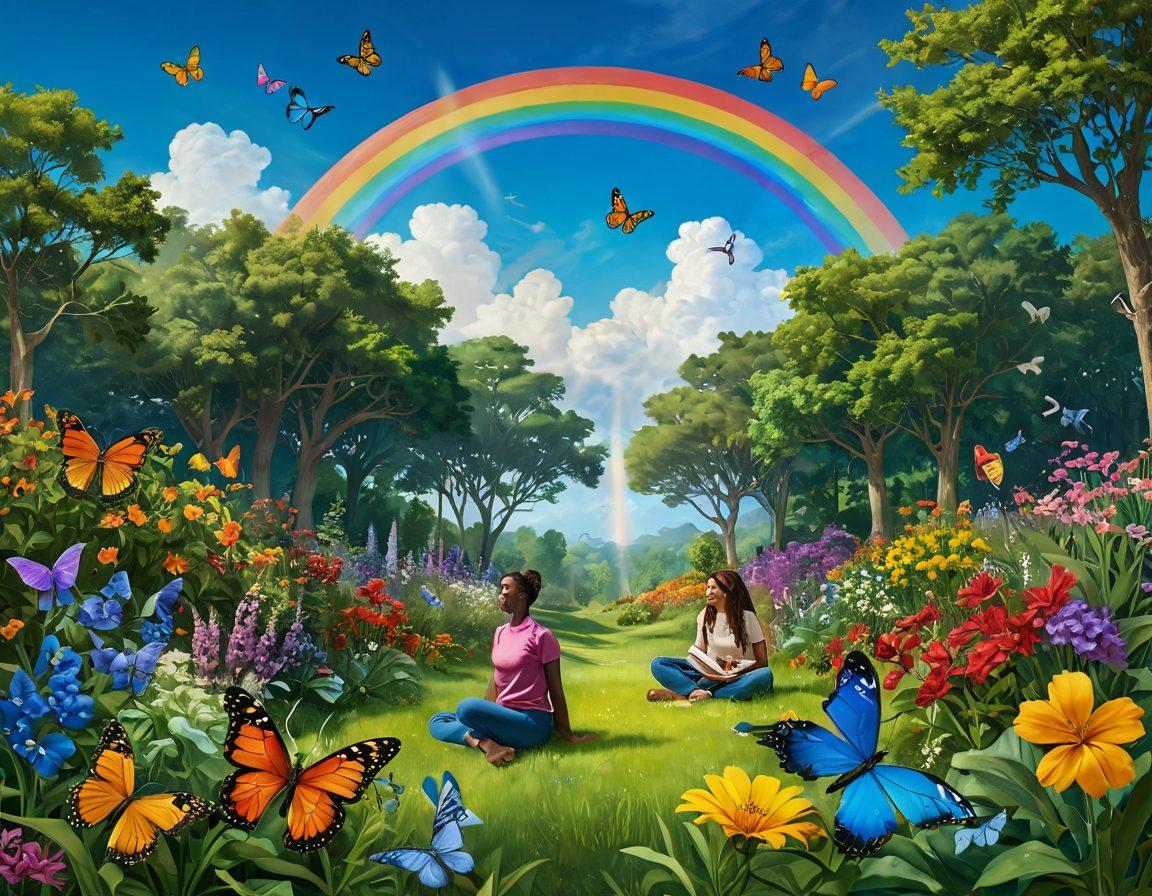 A harmonious blend of nature and LGBTQ+ symbols, featuring vibrant flowers, butterflies, and a rainbow intertwined in a lush green landscape. Diverse individuals of different backgrounds can be seen planting trees and sharing stories, with a serene blue sky above. The image evokes a sense of unity and environmental stewardship within the LGBTQ+ community. super-realistic. vibrant colors. nature-inspired.